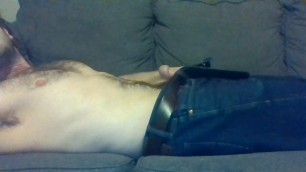 Hot guy naked on couch stripping and masturbating