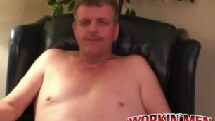 Fat mature man solo jerks off his small cock and cums