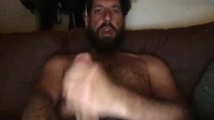 Hairy chest big beard daddy stroking off his huge cock