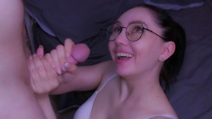 Naughty lady gives blowjob her man's and gets cum.